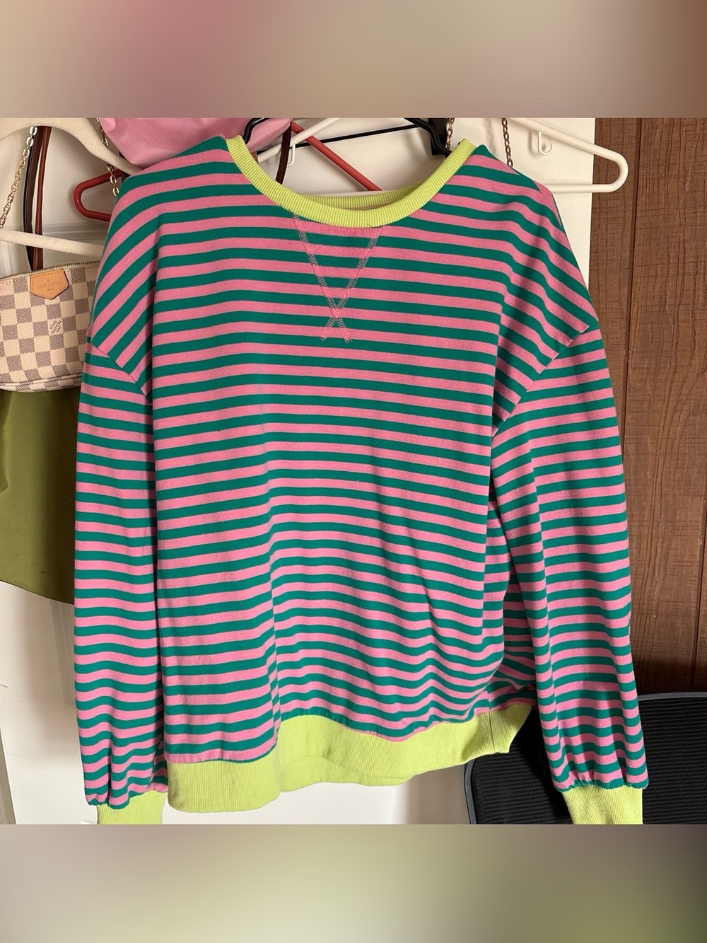 Amazon Pink and Teal Striped Crewneck Sweatshirt with Lime Trim